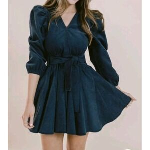 LaRoque Emma Dress Corduroy Teal Blue Puff Sleeves Tie Sash Belt Size M $348